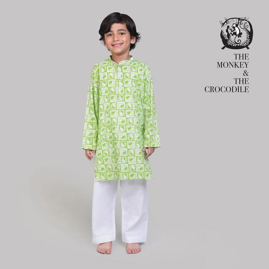 Collar Full Sleeved Cotton Kurta & Pajama Set For Boys with The Monkey & The Crocodile Print