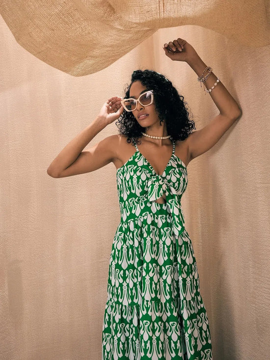 Women Green & White Ikat Print Front Knot Strappy Maxi