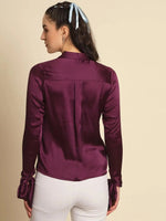 Purple Tie-up Sleeve Satin Shirt