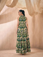 Women Green & Beige Ikat Print Dori Neck Tiered Maxi