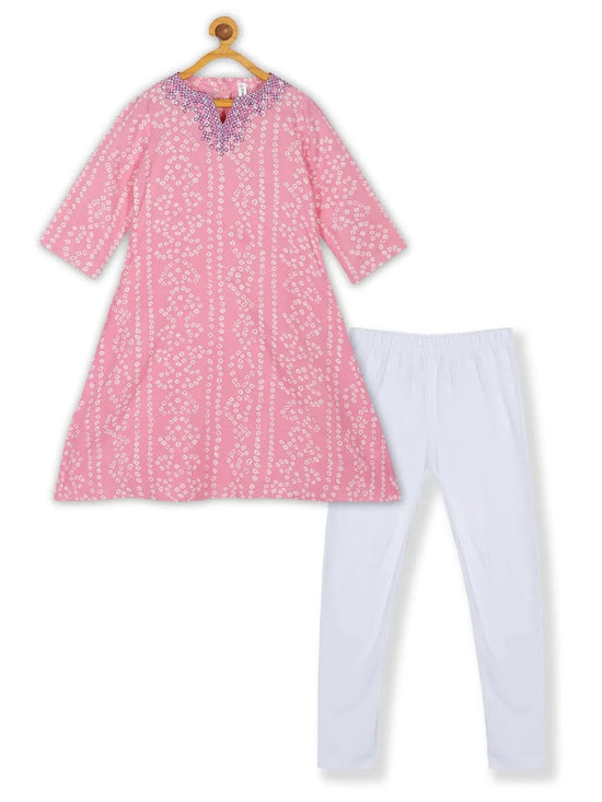 Girls Yoke Embroidery Bandhani Kurta & Solid Lycra Legging Set