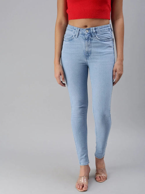 Women's Blue Solid Denim Slim Jeans-GZ-5158-Blue