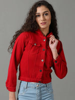 Women's Red Solid Denim Jacket-AE-9511-Red