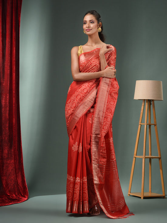 Red Blended Silk Handwoven Saree With Zari Border-MA50BSL34830113