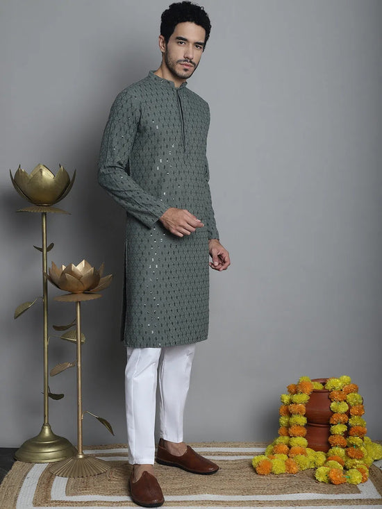 Men's Chikankari Embroidered and Sequence Kurta with Pyjama.-JOKP-P-5010Sea-Green