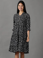 Women's Black Floral Fit and Flare Dress-KG-4098-Black