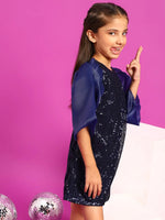 Tales & Stories Girls N.Blue Polyester Regular Fit Sequins Dress