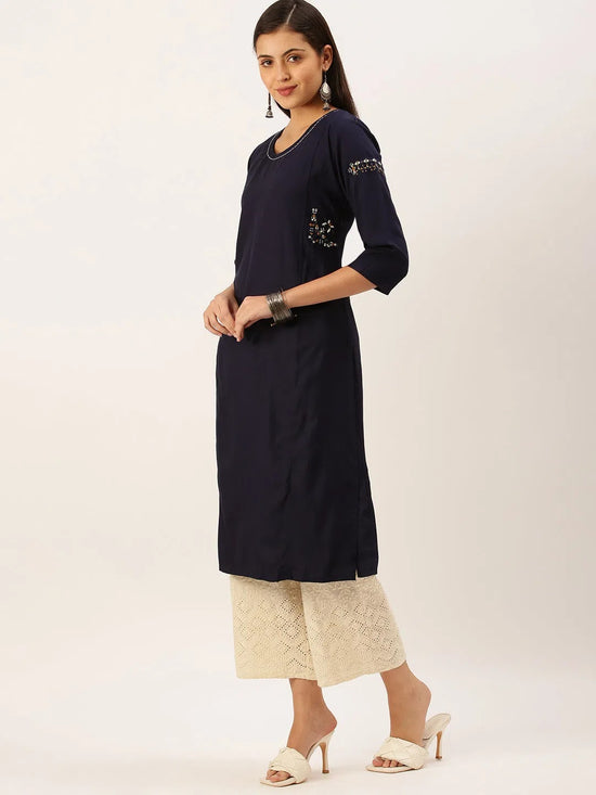 Women's Blue Solid Straight Kurta-DF-1203-Navyblue