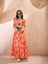 Women Orange Floral Back Knot Frill Maxi