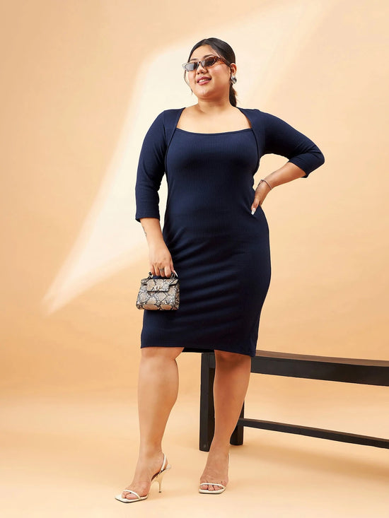 Women Navy Rib Square Neck Dress