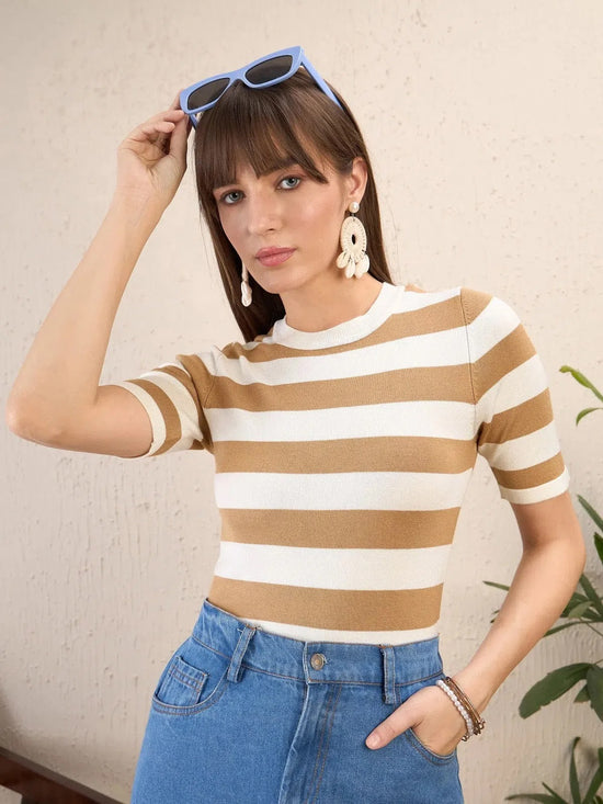 Women Beige & White Striped Acrylic Top