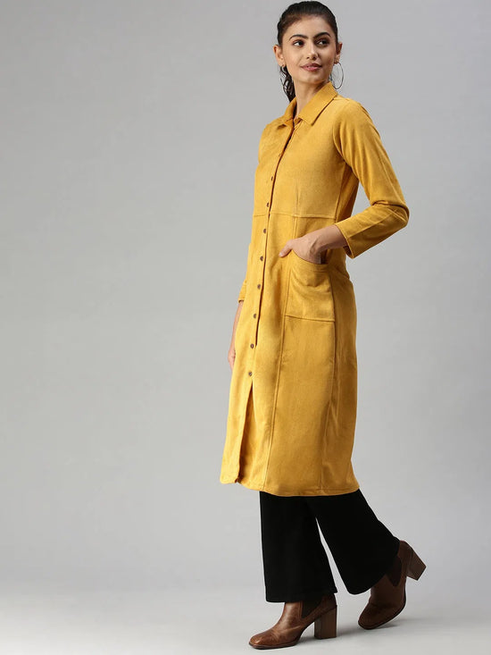 Women's Mustard Solid Duster Jacket Jackets-LT-049-Mustard