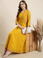 Women Anarkali Mustard Floral Kurta Comes With Overcoat-AT-JK-1158-Mustard