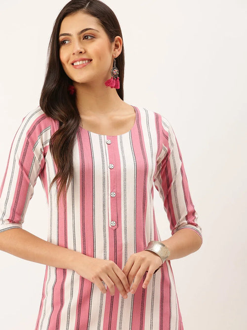 Women's Pink Striped Straight Kurta-SKC-3235-Pinkwhite