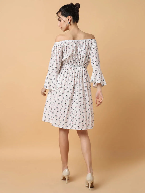 Women's A-Line White Printed Dress-AE-9887-Whitenavyblue