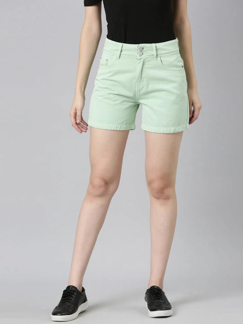 Women Green Solid Denim Shorts-LT-S-10405-Green