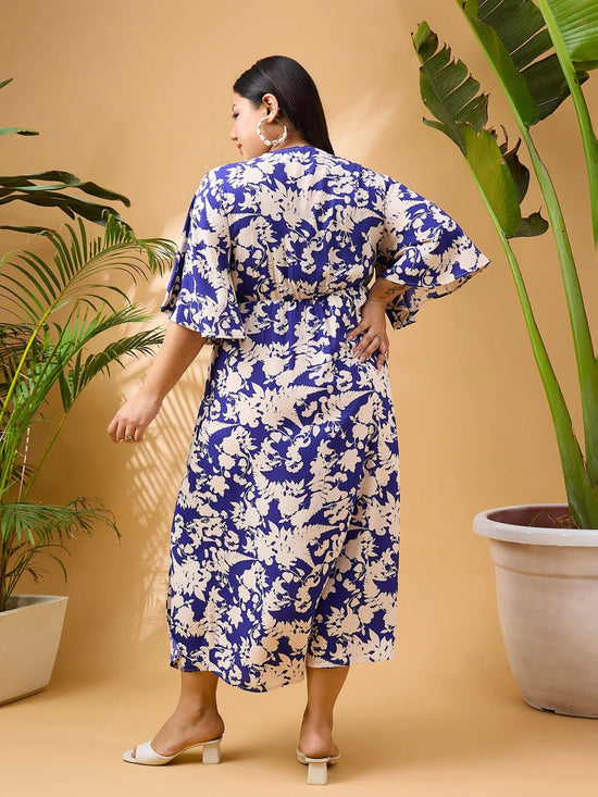 Women Blue Floral Front Slit Midi Dress