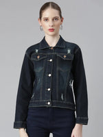 Women Navy Blue Solid Denim Jacket-LT-6450-Navyblue