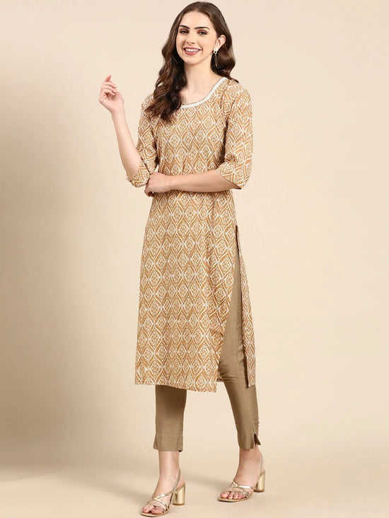 Women's Tan Printed Straight Kurta-SKC-976-Tan