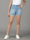 Women's Blue Solid Denim Shorts-LT-S-22439-Blue