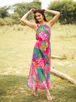 Neck tie up maxi dress in Pink and Green Print