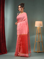 Punch Pink Matka Handwoven Saree With Zari Border-MA50MT062200062