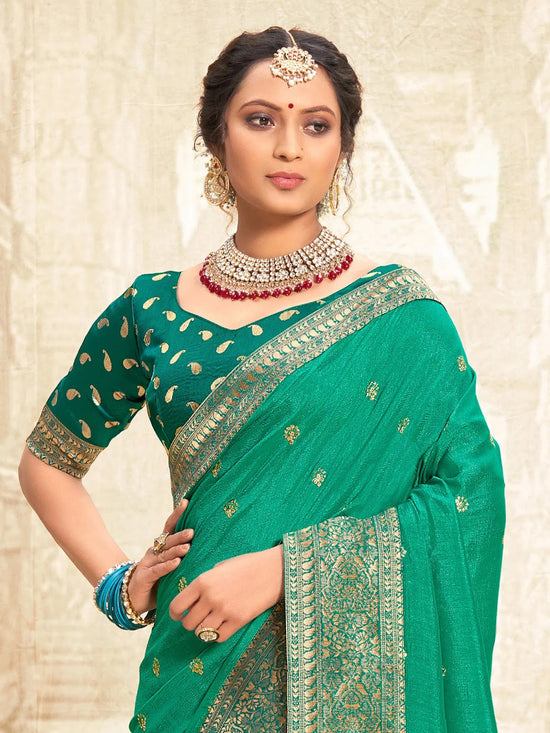 Saree Mall Women's Vichitra  Sea Green Embellished Designer Saree With Blouse Piece-NISHA1003