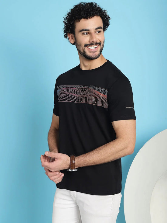 Venitian Men Printed Round Neck Black Cotton Lycra T-Shirt