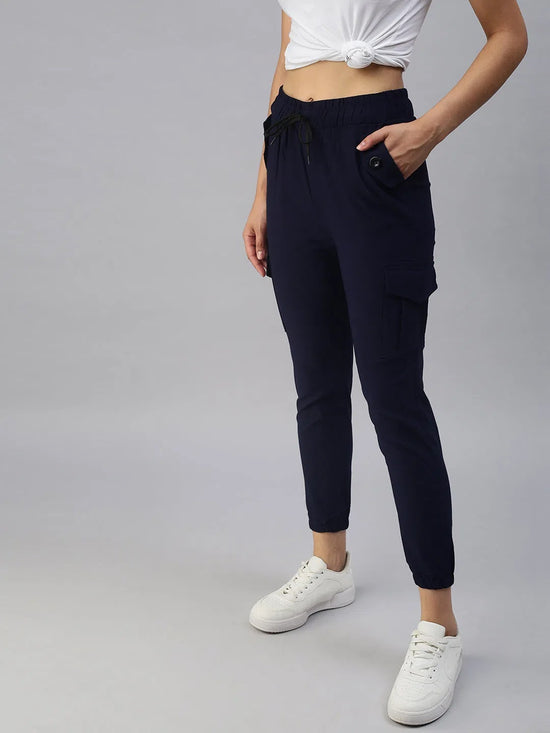 Women's Navy Blue Solid Joggers Track Pant-AN-9015-Navyblue