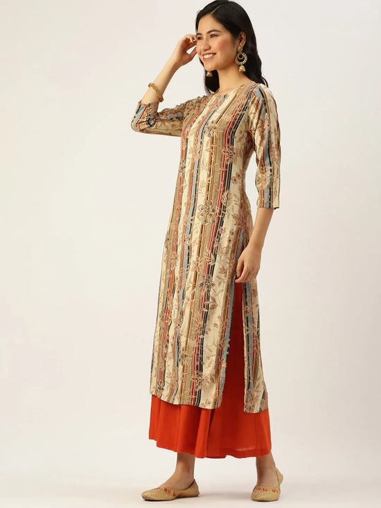 Women's Beige Printed Straight Kurtas-GW-2467-Beige