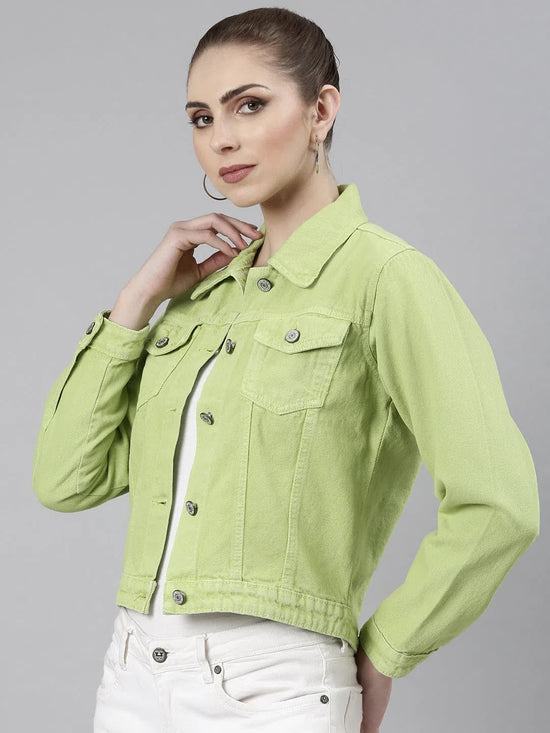 Women Lime Green Solid Denim Jacket-GZ-5598-Limegreen