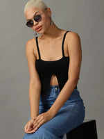 Women's Black Solid Fitted Crop Top-ARN-39115-Black