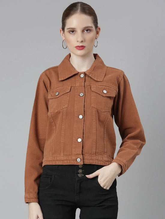 Women Camel Brown Solid Denim Jacket-GZ-5598-Camelbrown