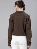 Women Coffee Brown Solid Denim Jacket-IM-10714-Coffeebrown