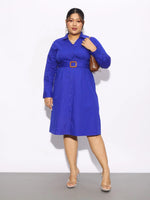 Women Royal Blue Poplin Belted Shirt Dress