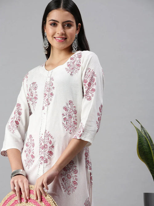 Women's White & Pink Printed Kurta Sets-SG04-White-Pink