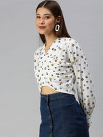 Women's White Printed Crop Top-AE-10308-Offwhitenavyblue