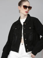 Women Black Solid Denim Jacket-IM-10700-Black