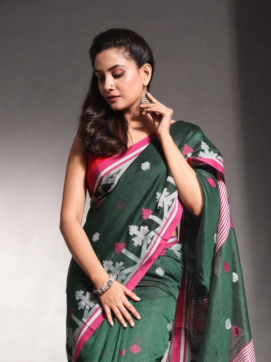 Juniper Green Cotton Silk Saree With Texture Border-MA54CTSL33610108