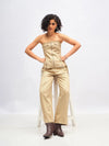 Women Beige Twill Front Zip Corset Top With Cargo Pants