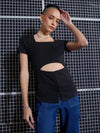 Women Black Rib Waist Cut-Out Top