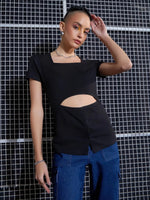 Women Black Rib Waist Cut-Out Top