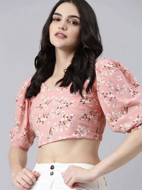 V-Neck Bishop Sleeves Floral Cinched Waist Peach Crop Top-AE-10609-Peach