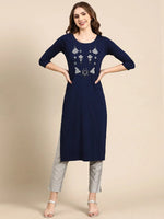 Women's Navy Blue Embellished Straight Kurta-SKC-3222-Navyblue