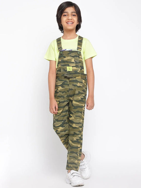 Tales & Stories Boys Olive Regular Fit Lycra Print Dungaree