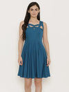 Cutout neck skater dress in Teal Blue