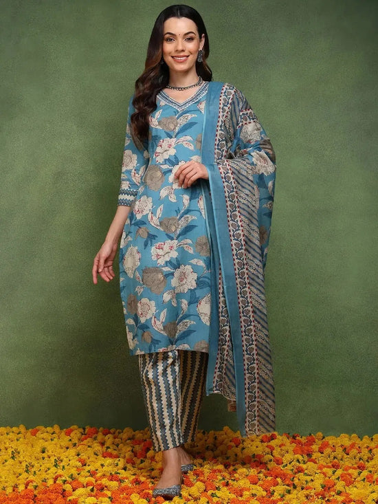 Ahika Women Blue Pure Cotton Floral Printed Straight Kurta Trouser With Dupatta-JPSKD1047BLU_M