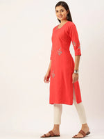 Women's Red Solid Straight Kurta-DF-1208-Red