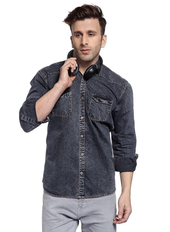 Hangup Men Slim Solid Shirts-AcidGreyDenimShirt