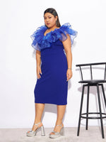 Women Royal Blue Organza Frill Detail Bodycon Dress